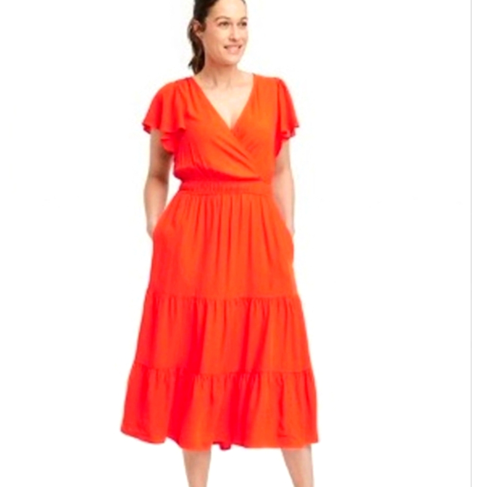 Knox Rose Orange Tiered Rayon Flutter Sleeve Midi Dress Size XSmall